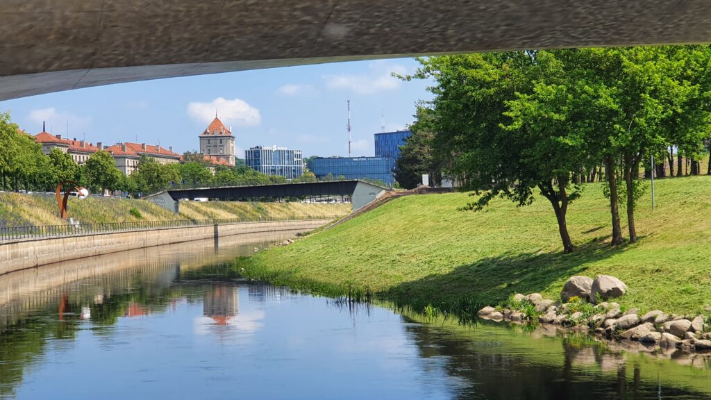 Scenic riverside walk along the Nemunas River in Kaunas, Lithuania