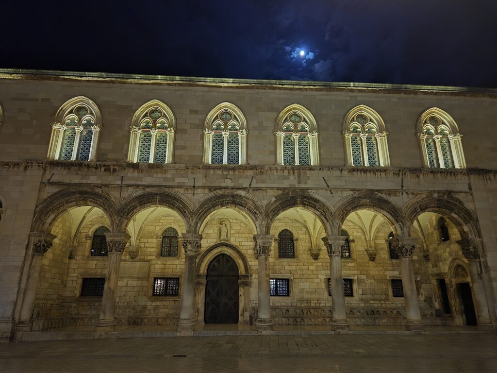 Front view of Dubrovnik’s Rector’s Palace, former government residence with elegant Gothic-Renaissance architecture